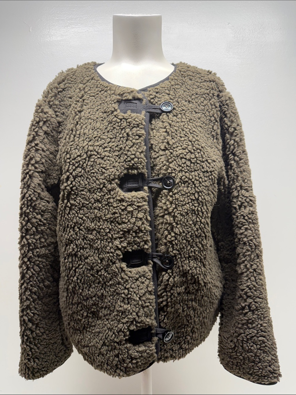 J Crew Shearling Sherpa Toggle Coat Jacket Fleece Teddy Brown Oversized Medium